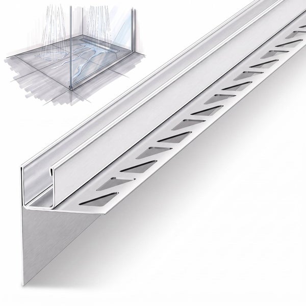 Edelstahl Gefälleprofil für bodengleiche Duschen zur Aufnahme von Duschabtrennungen mit technischer Illustration des Einbaus.