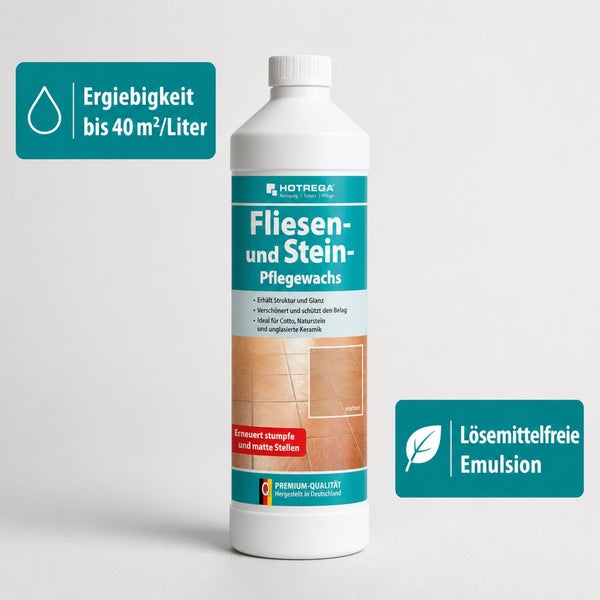 Hotrega Fliesen und Stein Pflegewachs, ergiebig bis 40 Quadratmeter pro Liter, lösemittelfreie Emulsion für Cotto, Naturstein und unglasierte Keramik.