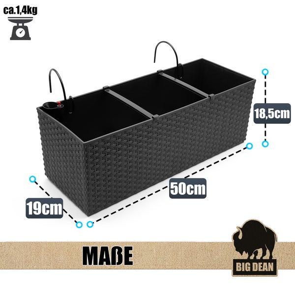 Balkonkasten mit Maßen 50, 19 und 18,5 Zentimeter