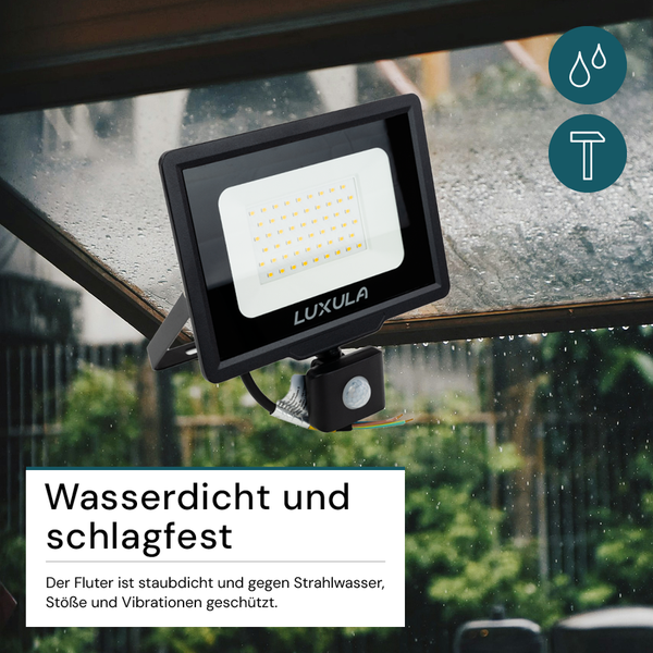 LUXULA LED Außenstrahler mit Bewegungsmelder 50W Strahler 3000K Warmweiß 5000lm Fluter Schwarz IP65
