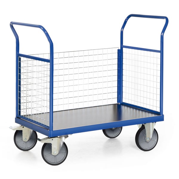 Blauer Gitterwagen mit vier Rädern und zwei Griffen