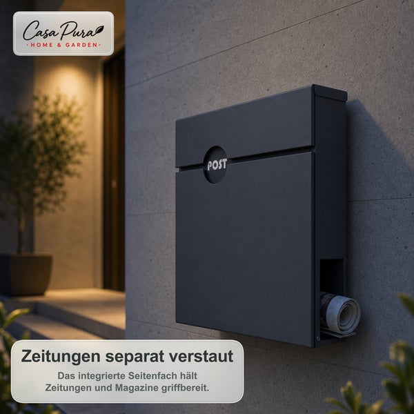Wandbriefkasten mit integriertem Zeitungsfach montiert an einer Hauswand inklusive Casa Pura Logo