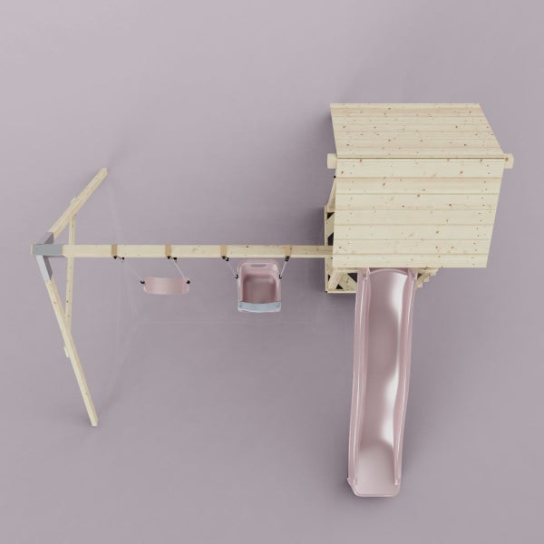 Spielturm mit Rutsche und Schaukel aus Holz