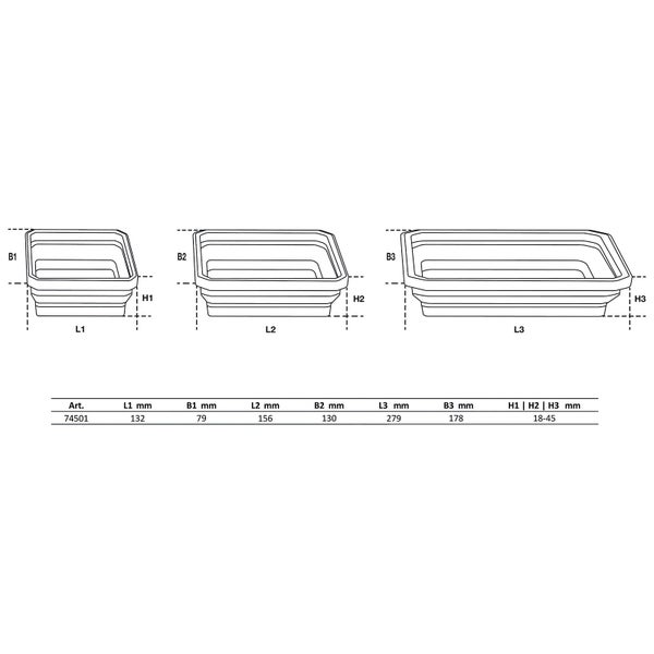 Dreiteiliger Magnet-Schalensatz von BGS Technic in Blau und Schwarz, faltbare Silikonschalen zur Aufbewahrung von Kleinteilen in der Werkstatt.