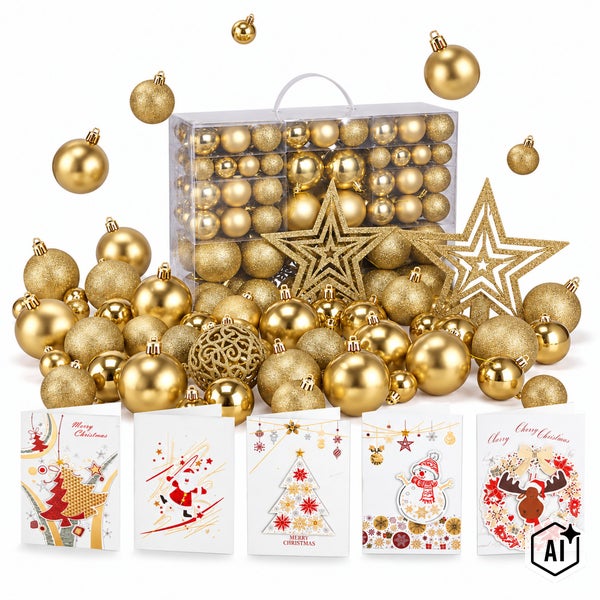 Weihnachtsbaumschmuck Set in Gold mit Weihnachtskugeln, Sternen und Grußkarten