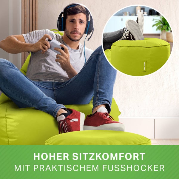 Green Bean 2er Set Sitzsack + Hocker - fertig befüllt - robust waschbar schmutzabweisend - Kinder & Erwachsene Bean Bag Bodenkissen Lounge Sitzhocker Relax-Sessel Gamer Gamingstuhl Pouf - Hellgrün