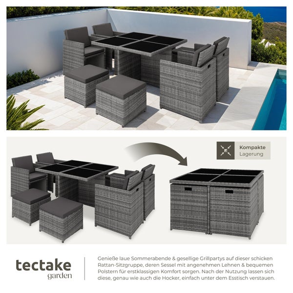 Rattan Sitzgruppe tectake Manhattan 2 Bezugssets, zusammenschiebbar, inklusive Schutzhülle mit Aluminiumgestell grau