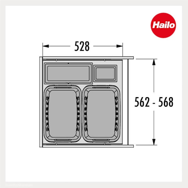 Maßzeichnung eines Hailo Abfalltrennsystems mit 528 Millimeter Breite und 562 bis 568 Millimeter Tiefe. Hailo Logo.