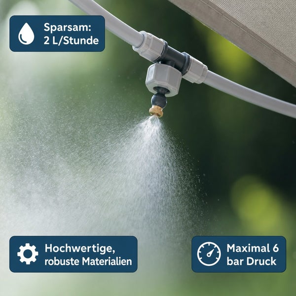 Nebelduese fuer Bewaesserungssystem mit zwei Liter pro Stunde Verbrauch, robusten Materialien und maximalem Betriebsdruck von sechs bar.