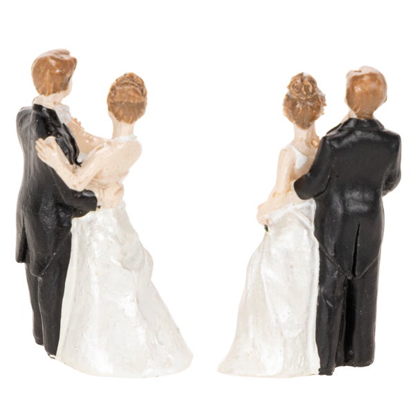 Hochzeitsfigur Tanzendes Brautpaar aus Kunststoff für Torten- oder Tischdekoration, Braut in weißem Kleid und Bräutigam im schwarzen Frack.