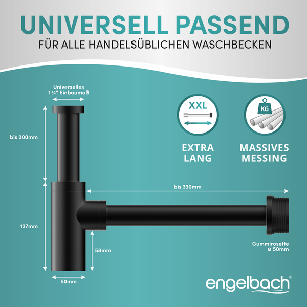 Engelbach® Design Siphon für Waschbecken & Waschtisch - Mit Reinigungsöffnung - 1 1/4 - inkl. Gummimanschette und Anleitung -Schwarz