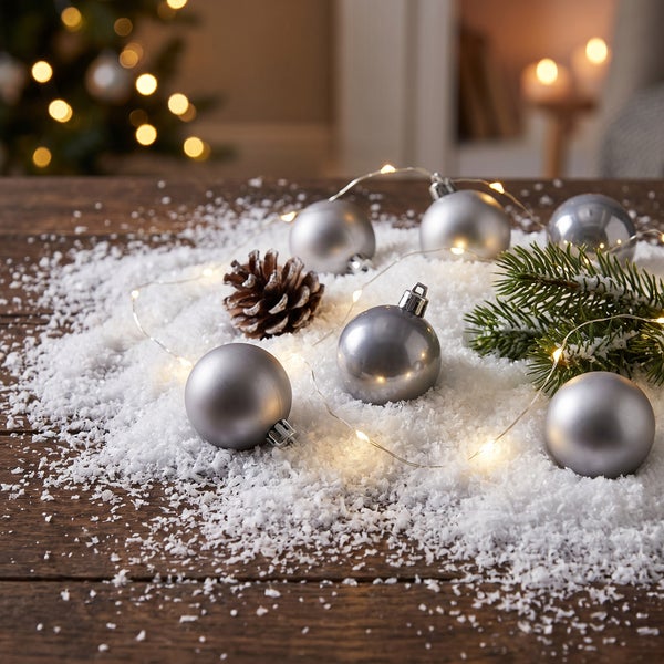 Weihnachtsdekoration mit silbernen Weihnachtskugeln, Tannenzweigen, einem Tannenzapfen und einer Lichterkette auf künstlichem Schnee.