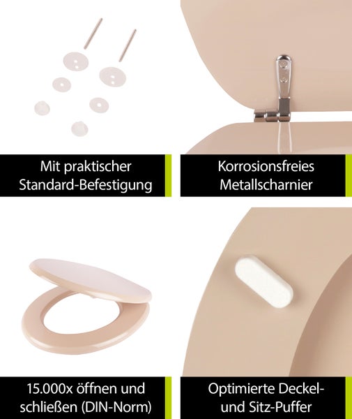 aquaSu® WC-Sitz Venezia in Bahama-Beige, mit robustem Holzkern, Schnellbefestigung Fast-Fix mit rostfreien Metallscharnieren, Toilettendeckel in ovaler Standard O Form universal, Beige, 218917