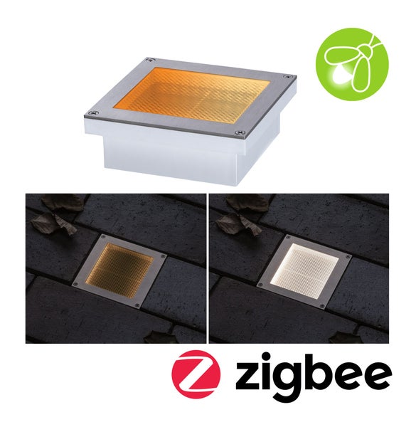 Quadratische LED Bodeneinbauleuchte aus Edelstahl mit Zigbee Steuerung und anpassbarer Lichtfarbe für die Außenbeleuchtung.
