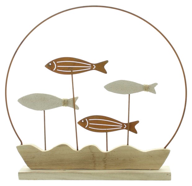 FRANK FLECHTWAREN | Dekoring Fischschwarm, 34 x 5 x 32 cm, METALL, HOLZ