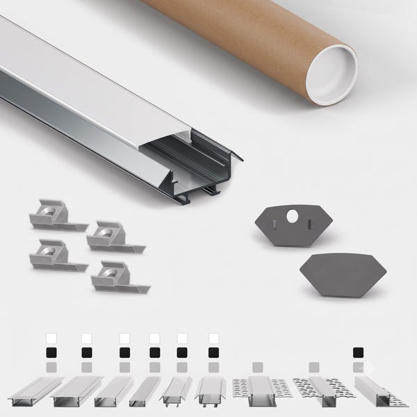 LED Aluminiumprofil Set mit Abdeckung Endkappen Befestigungsclips und Transportrohr für LED Streifen