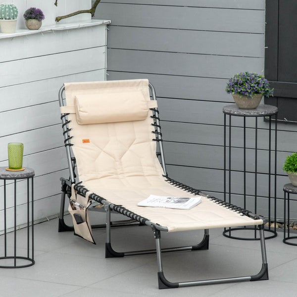 Outsunny Sonnenliege, klappbar Gartenliege mit Kopfkissen, Seitentasche, Liegestuhl mit 5-Fach verstellbare Rückenlehne, wetterfeste Campingliege bis 130 kg belastbar, für Garten Strand Pool, Beige