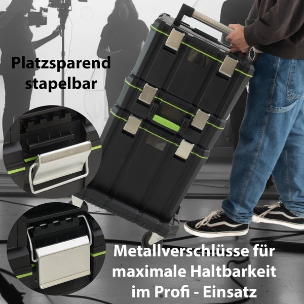 Stapelbare Werkzeugkoffer mit Metallverschlüssen und Rollen für den professionellen Einsatz