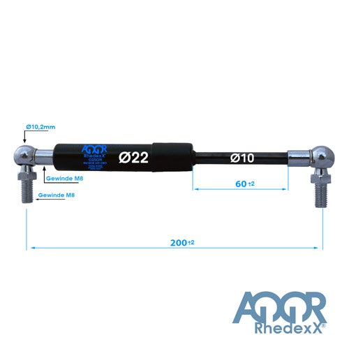 Gasdruckfeder mit Rhedexx Logo, Gesamtlänge 200 Millimeter, Hub 60 Millimeter, Durchmesser 22 und 10 Millimeter, M8 Gewinde.