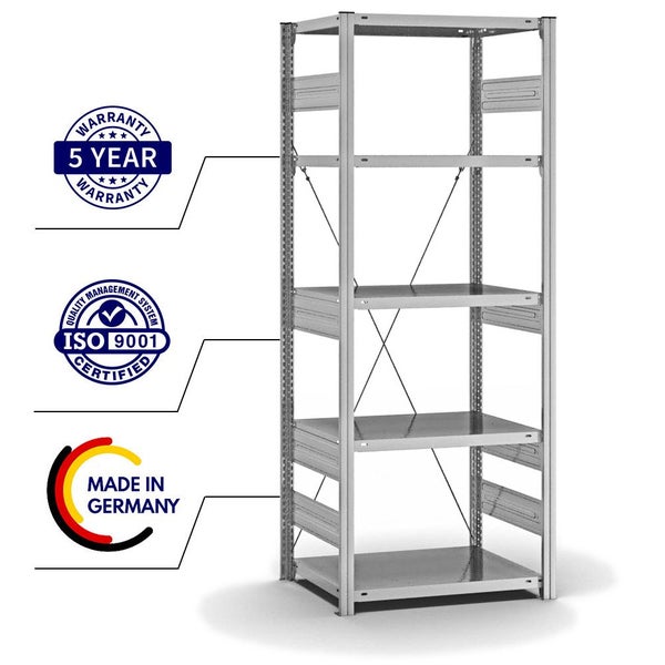 PROREGAL Fachbodenregal Stecksystem T-Profil Heavy-Duty Grundregal HxBxT 200 x 75 x 50 cm 5 Ebenen Fachlast 300 kg Einseitig Nutzbar Verzinkt