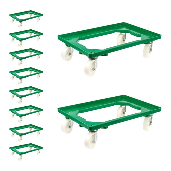PROREGAL SparSet 10x Transportroller für Euroboxen 60 x 40 cm mit Kunststoffräder Grün Offenes Deck 4 Lenkrollen Traglast 300 kg