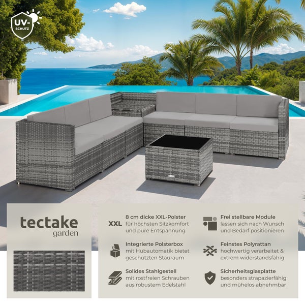 Rattan Lounge tectake Verona mit Sicherheitsglasplatte für 6 Personen grau