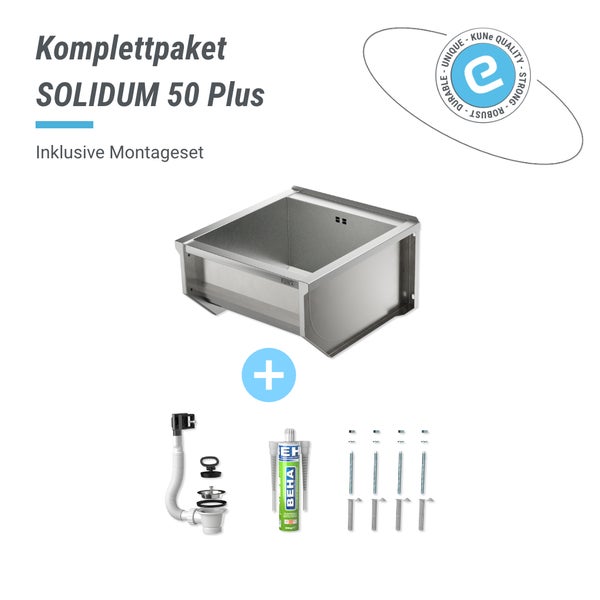 Komplettpaket SOLIDUM 50 Plus mit Edelstahl-Waschbecken, Ablaufgarnitur, Dichtstoff, Schrauben und Dübeln. KUNe Qualitätssiegel.