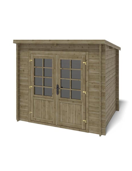 Technische Zeichnung eines Gartenhauses aus Holz mit Maßangaben für Ansicht, Grundriss und perspektivische Darstellung.