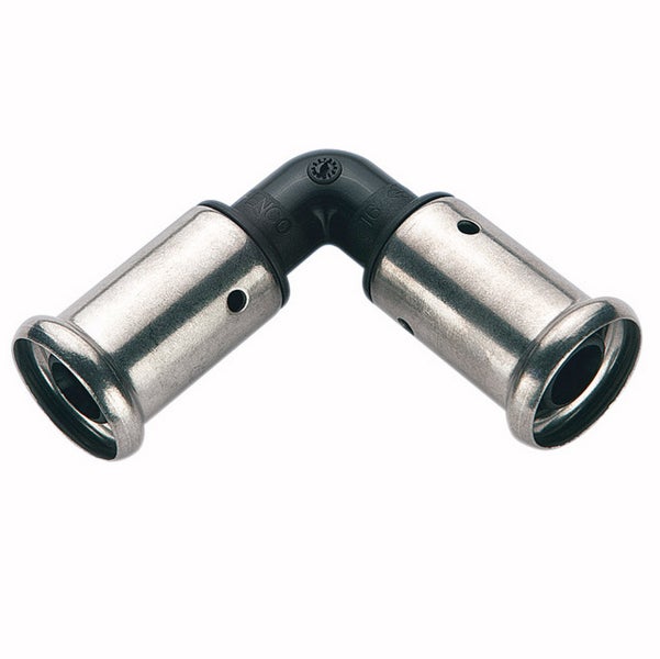 90-Grad Press-Winkel aus Kunststoff und Metall für Rohrleitungen.