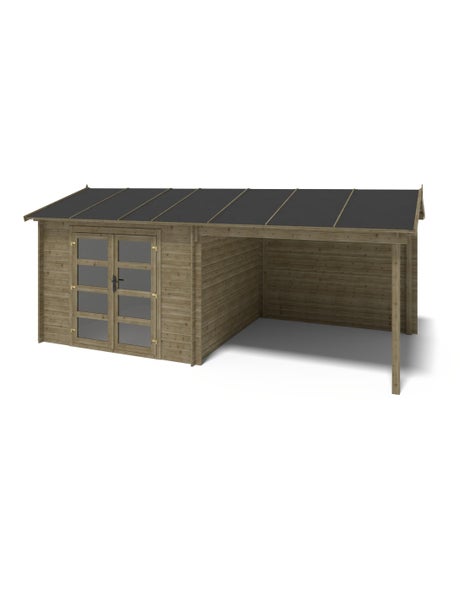 Gartenhaus aus Holz mit Doppeltür mit Glaseinsätzen und einem angebauten Vordach.