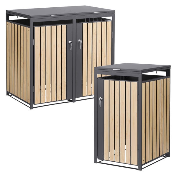 Mülltonnenboxen aus Metall und Holz für eine oder zwei Tonnen mit abschließbaren Türen.