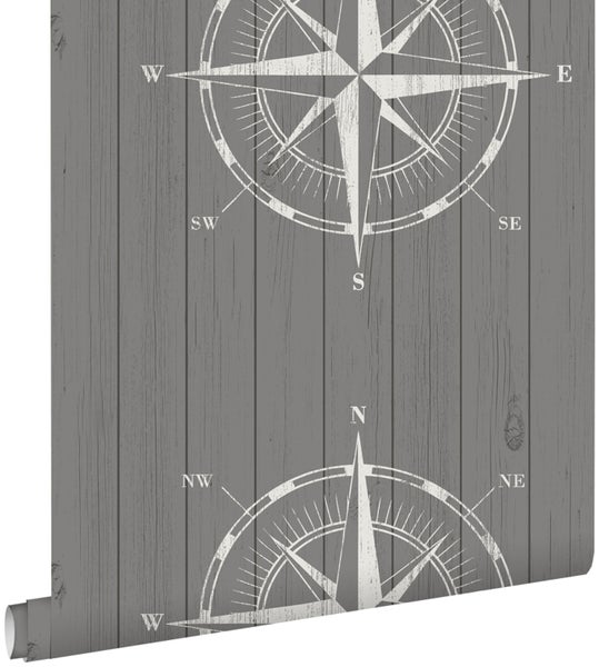 ESTAhome Tapete Kompassrose auf Altholz Weiß und Grau - 53 cm x 10.05 m - 138976