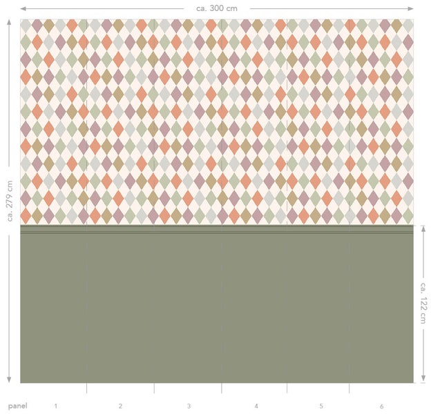 Tapete mit Rautenmuster im oberen Bereich und einfarbigem Sockelbereich mit Maßangaben bestehend aus sechs Paneelen für eine Wandgestaltung.