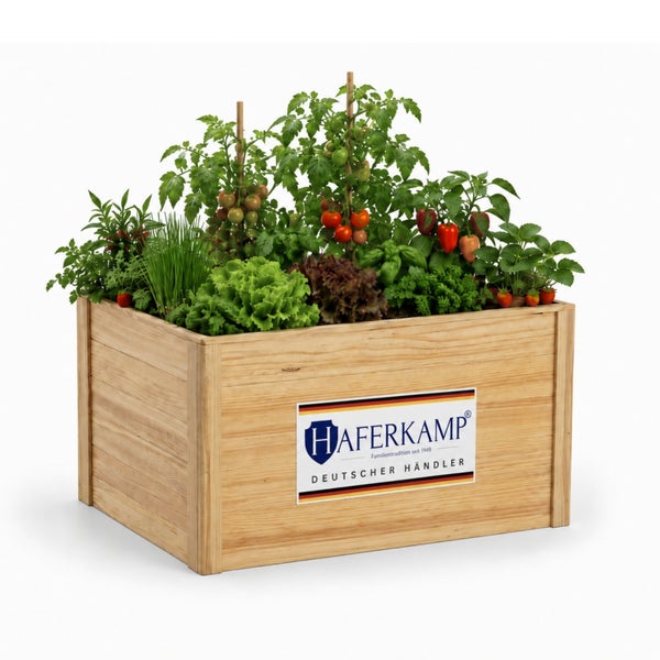 Holz-Hochbeet bepflanzt mit Gemüse und Kräutern wie Tomaten, Salat und Schnittlauch, mit Haferkamp Logo auf der Vorderseite.