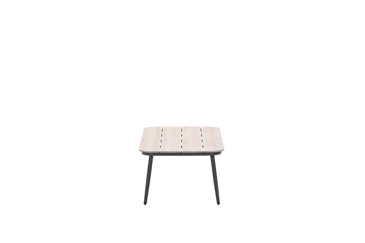 Gartenbeistelltisch mit hellen Latten in Holzoptik und dunklem Metallgestell.
