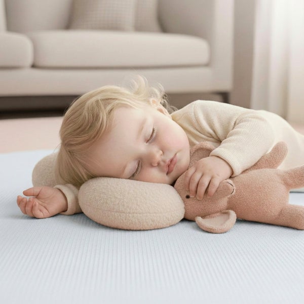 Schlafendes Baby auf einer strukturierten Bodenmatte mit kleinem Kissen und Stofftier in einem Wohnzimmer.
