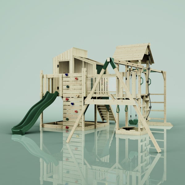 Spielplatz mit Rutsche, Kletterwand und Schaukel aus Holz