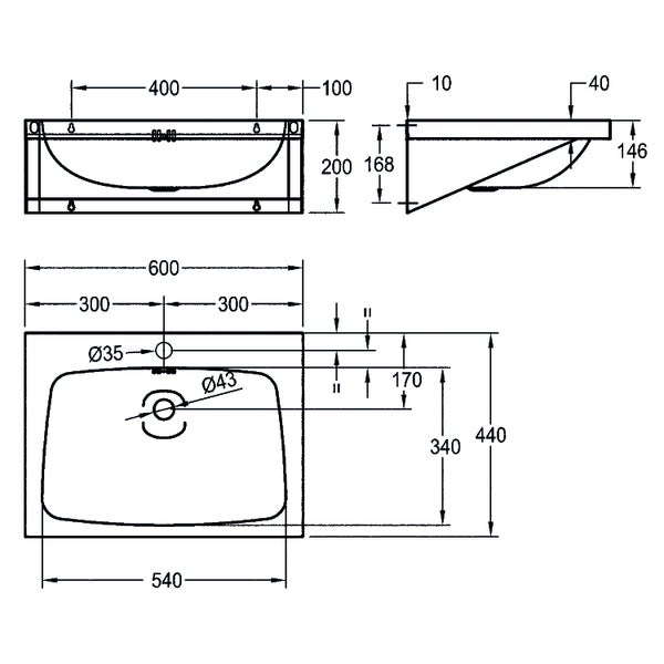 Maßzeichnung eines Waschbeckens mit Draufsicht, Frontansicht und Seitenansicht, Maße in Millimetern: Breite 600, Tiefe 440, Höhe 146.