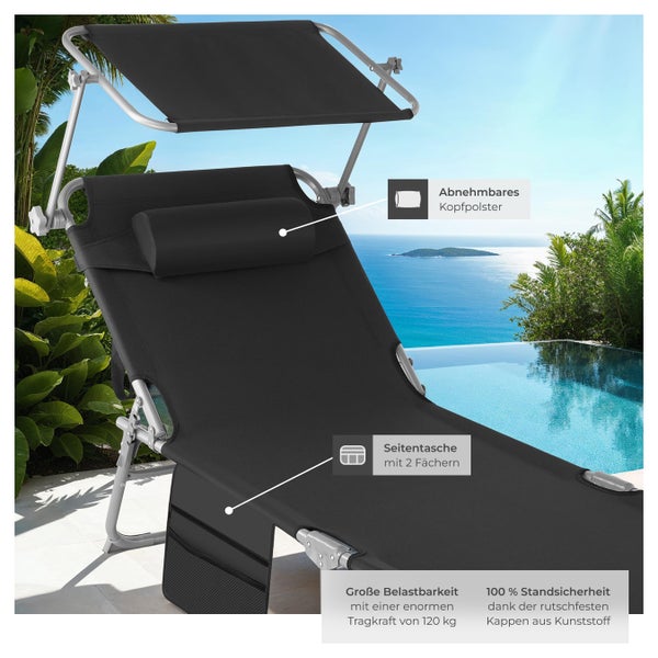 Sonnenliege tectake Chloé 190 x 68 x 28 cm, mit Seitentasche klappbar  schwarz