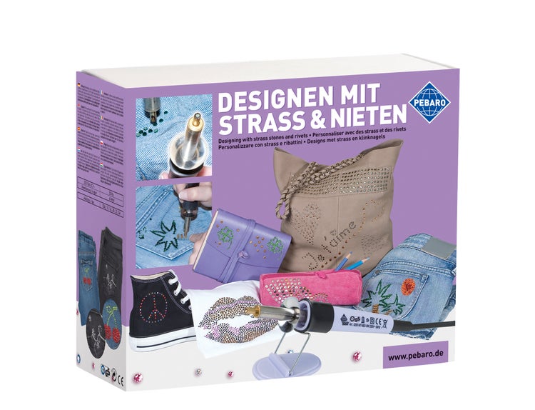 Pebaro Bastelset zum Verzieren mit Strasssteinen und Nieten inklusive Applikator zur individuellen Gestaltung von Textilien und Accessoires.