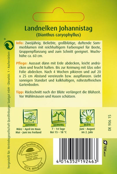 Rückseite der Saatgutpackung Landnelken Johannistag mit Informationen zu Aussaat, Keimung, Blütezeit und Pflegehinweisen.