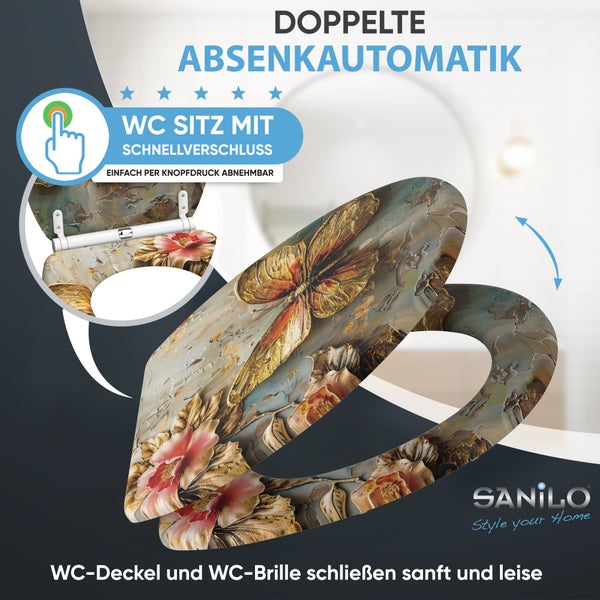 Sanilo WC Sitz mit Schmetterlingsmotiv, Absenkautomatik und Schnellverschluss zur einfachen Montage und Reinigung.
