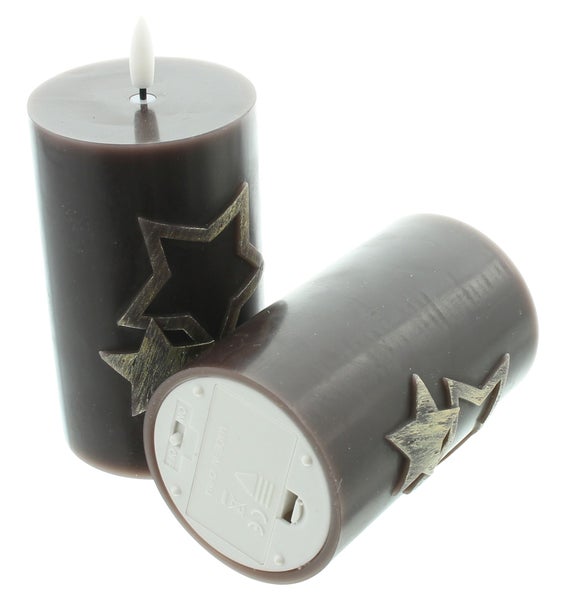 FRANK FLECHTWAREN | LED-Kerze Sterne, braun, 2er Set, 7,5 x 7,5 x 12,5 cm, WACHS, KUNSTSTOFF
