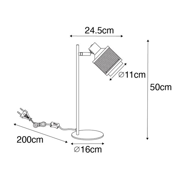 Abmessungen einer Stehlampe: Höhe 50 Zentimeter, Lampenschirmdurchmesser 11 Zentimeter, Lampenfußdurchmesser 16 Zentimeter, Lampenschirmtiefe 24,5 Zentimeter, Kabellänge 200 Zentimeter