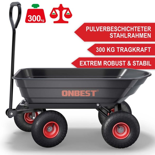 Onbest Gartenwagen mit einer Tragkraft von 300 Kilogramm, pulverbeschichtetem Stahlrahmen und robuster Wanne.