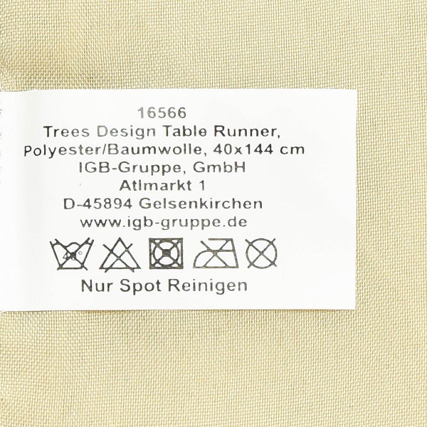 Produktetikett für Tischläufer aus Polyester und Baumwolle mit Pflegehinweisen und Herstellerinformationen