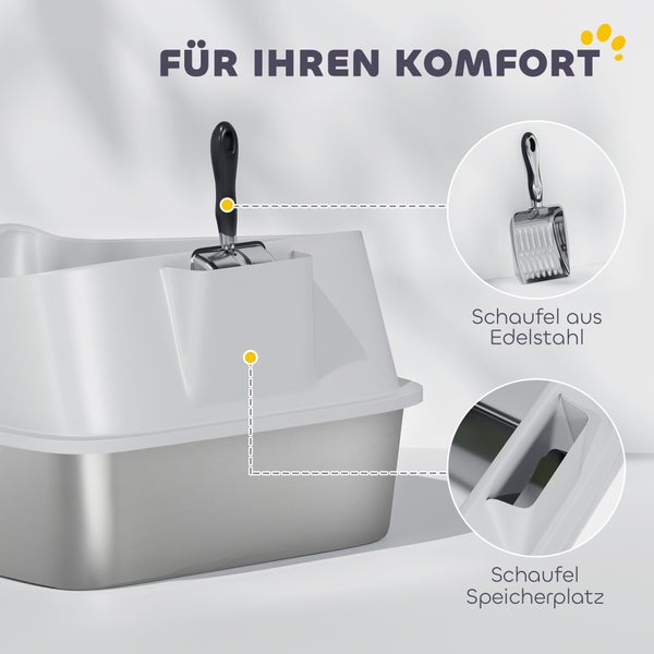 Katzen-Toilette mit integrierter Halterung für die Schaufel aus Edelstahl.