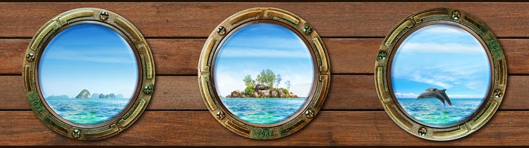 Dekoratives Wandbild mit tropischen Insellandschaften durch Bullaugen