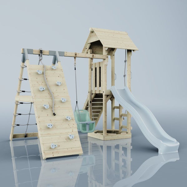 Spielturm mit Rutsche, Schaukel, Kletterwand und Strickleiter