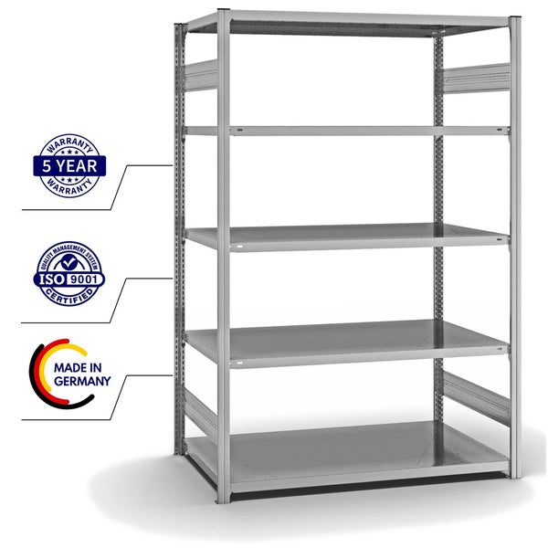 PROREGAL Fachbodenregal Stecksystem T-Profil Medium-Duty Grundregal HxBxT 200 x 130 x 80 cm 5 Ebenen Fachlast 240 kg Beidseitig Nutzbar Verzinkt
